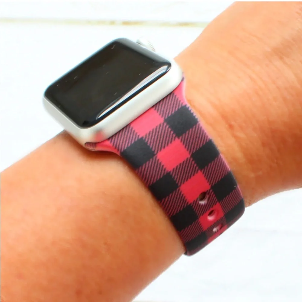 🆕 Silicone Buffalo Plaid Print Red & Black Apple Watch Band- Sz M/L 42/44
